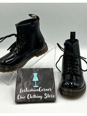 NWOB Dr. Martens Kids Black Patent Leather 1460 T Lace-Up Combat Boots Sz 9 3276